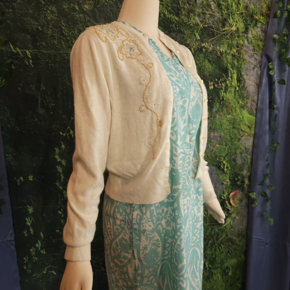 Vintage 1960's Cardigan Sweater Cream‎ Beaded Susan Scott Originals Pinup